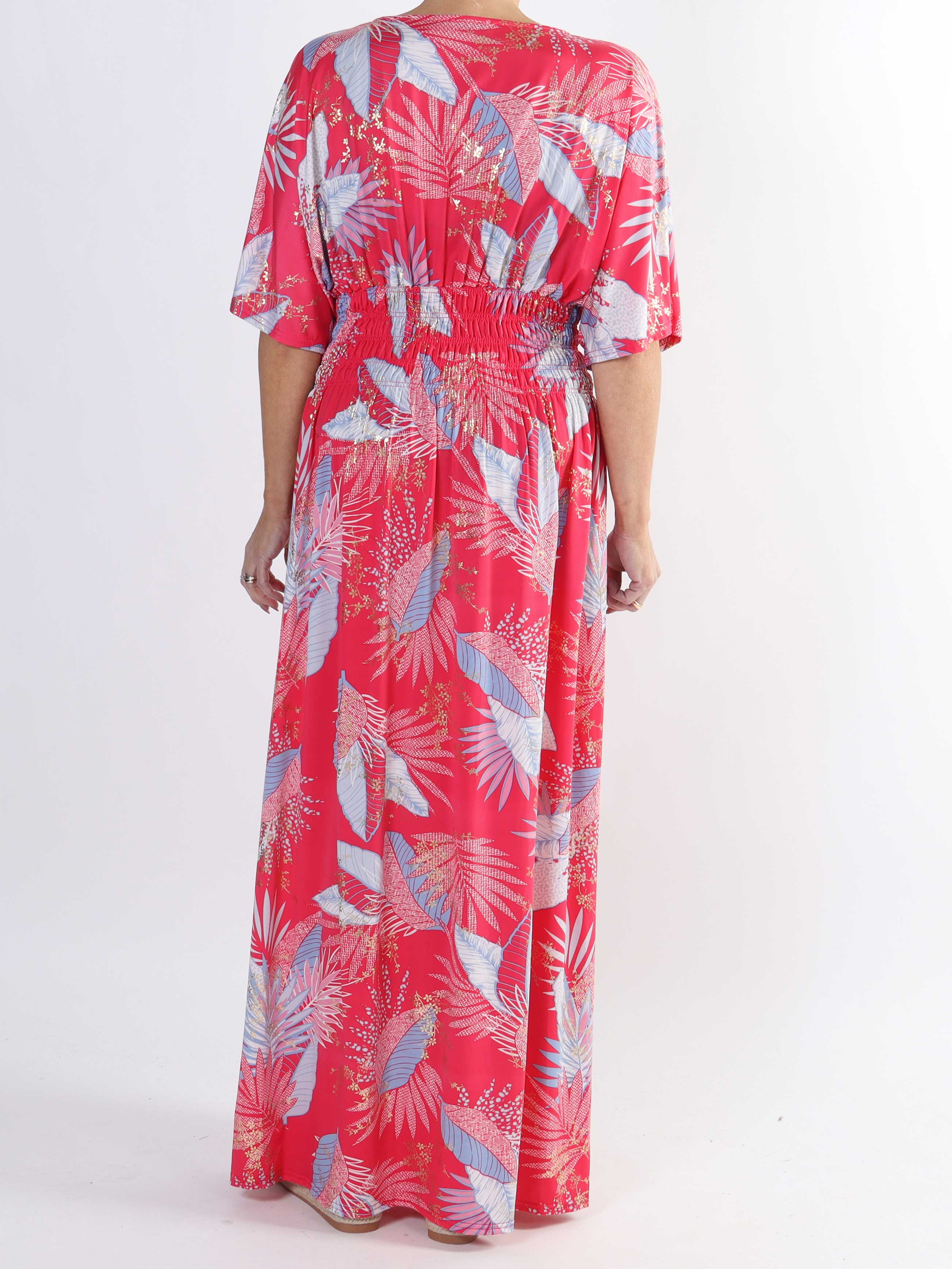 Pams Leafy - Lang elastisk plus size kjole i krølfrit stof